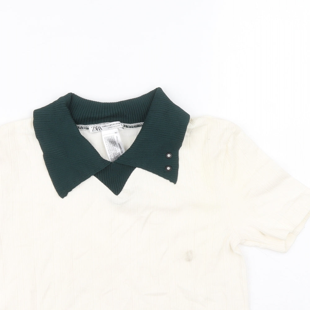 Zara Womens White Polyamide Basic T-Shirt Size M Collared