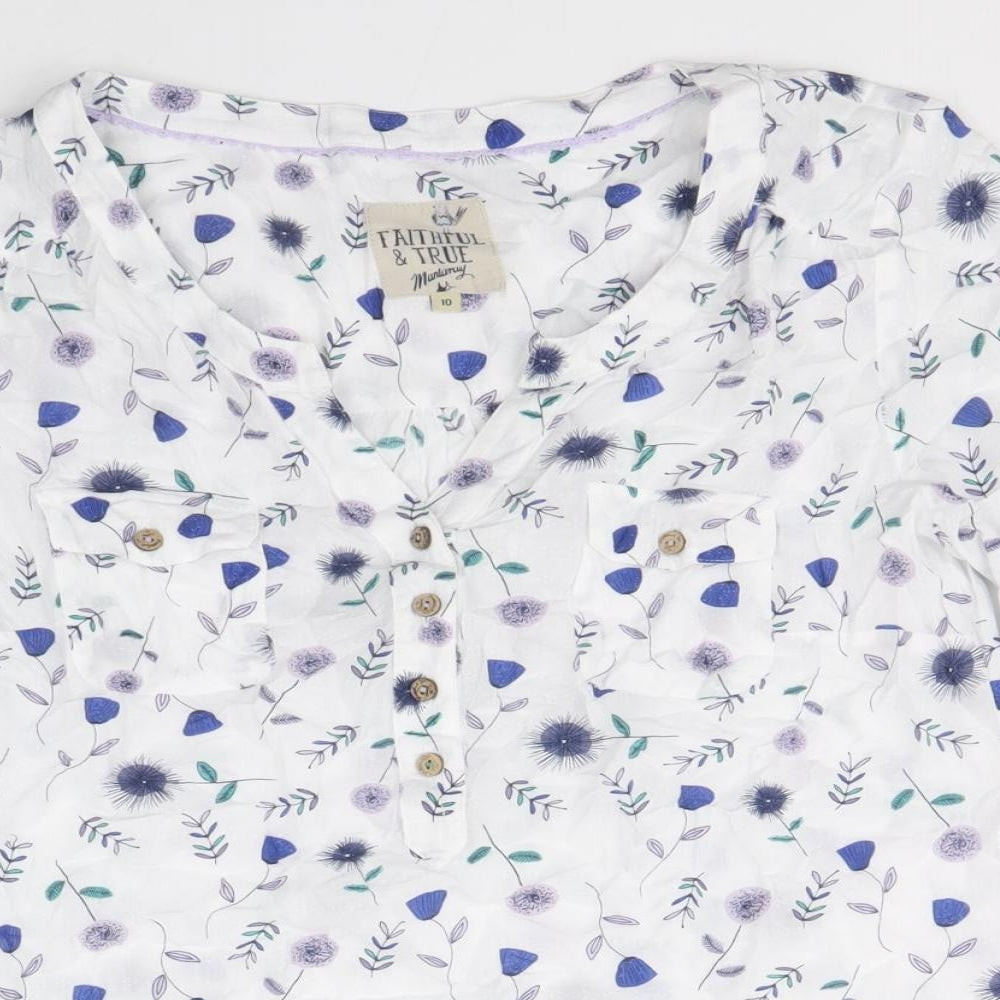 MANTARAY PRODUCTS Womens White Floral Viscose Basic Blouse Size 10 Boat Neck