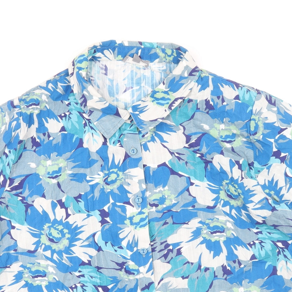 Patra Mens Blue Floral Cotton Button-Up Size XL Collared Button