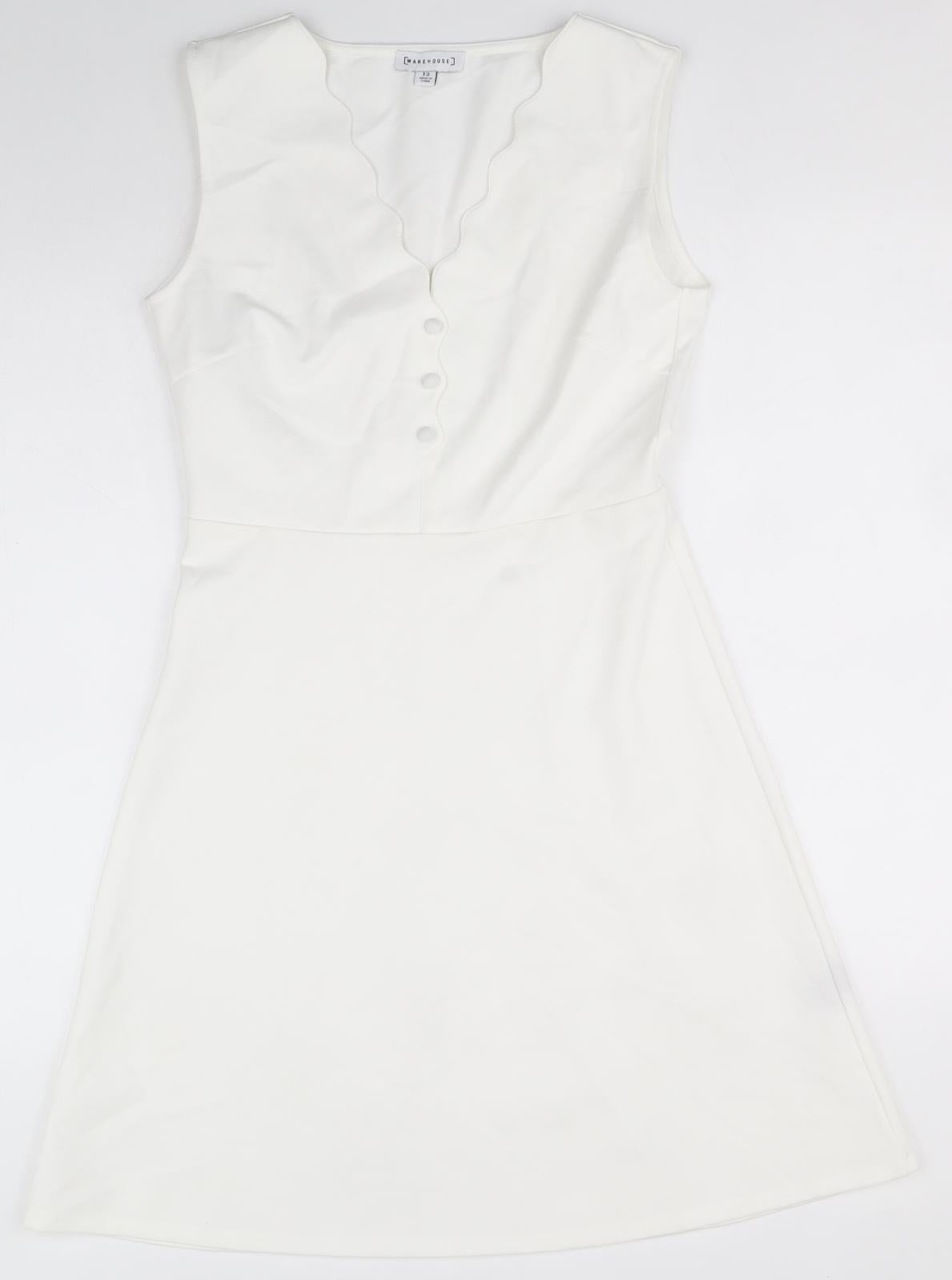 Warehouse Womens White Viscose Fit & Flare Size 12 V-Neck Pullover