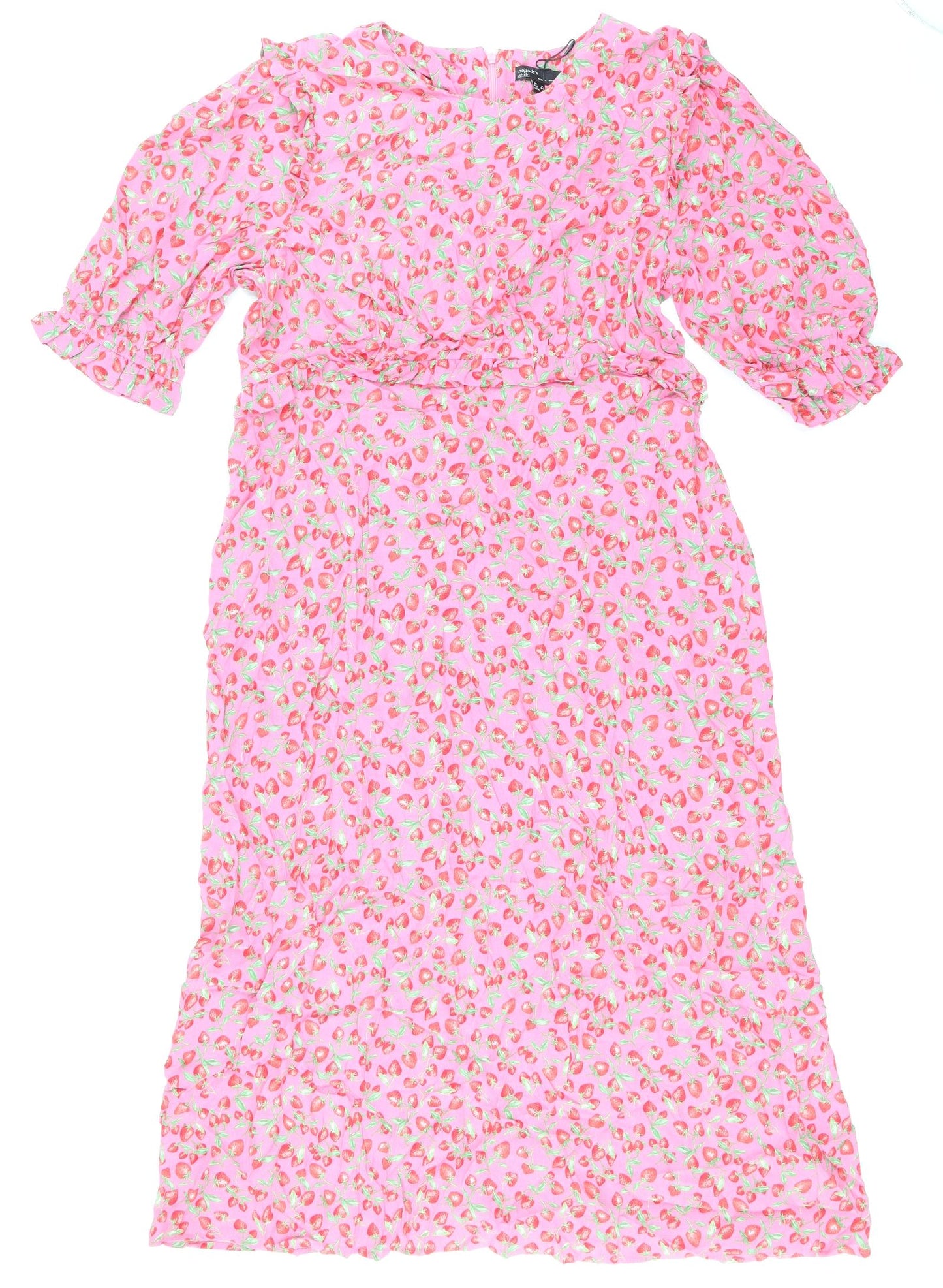 Nobody's Child Womens Pink Floral Viscose A-Line Size 16 Round Neck Zip - Strawberry Print