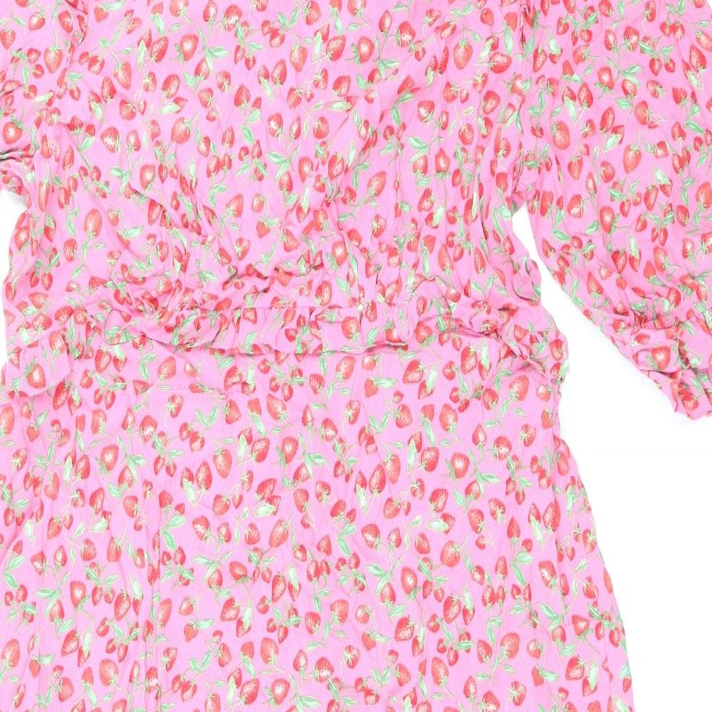 Nobody's Child Womens Pink Floral Viscose A-Line Size 16 Round Neck Zip - Strawberry Print