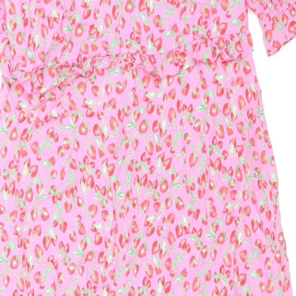 Nobody's Child Womens Pink Floral Viscose A-Line Size 16 Round Neck Zip - Strawberry Print
