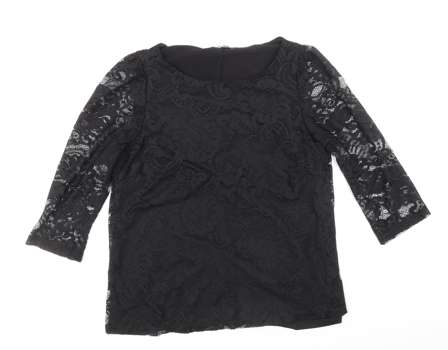 George Womens Black Floral Polyester Basic Blouse Size 12 Round Neck