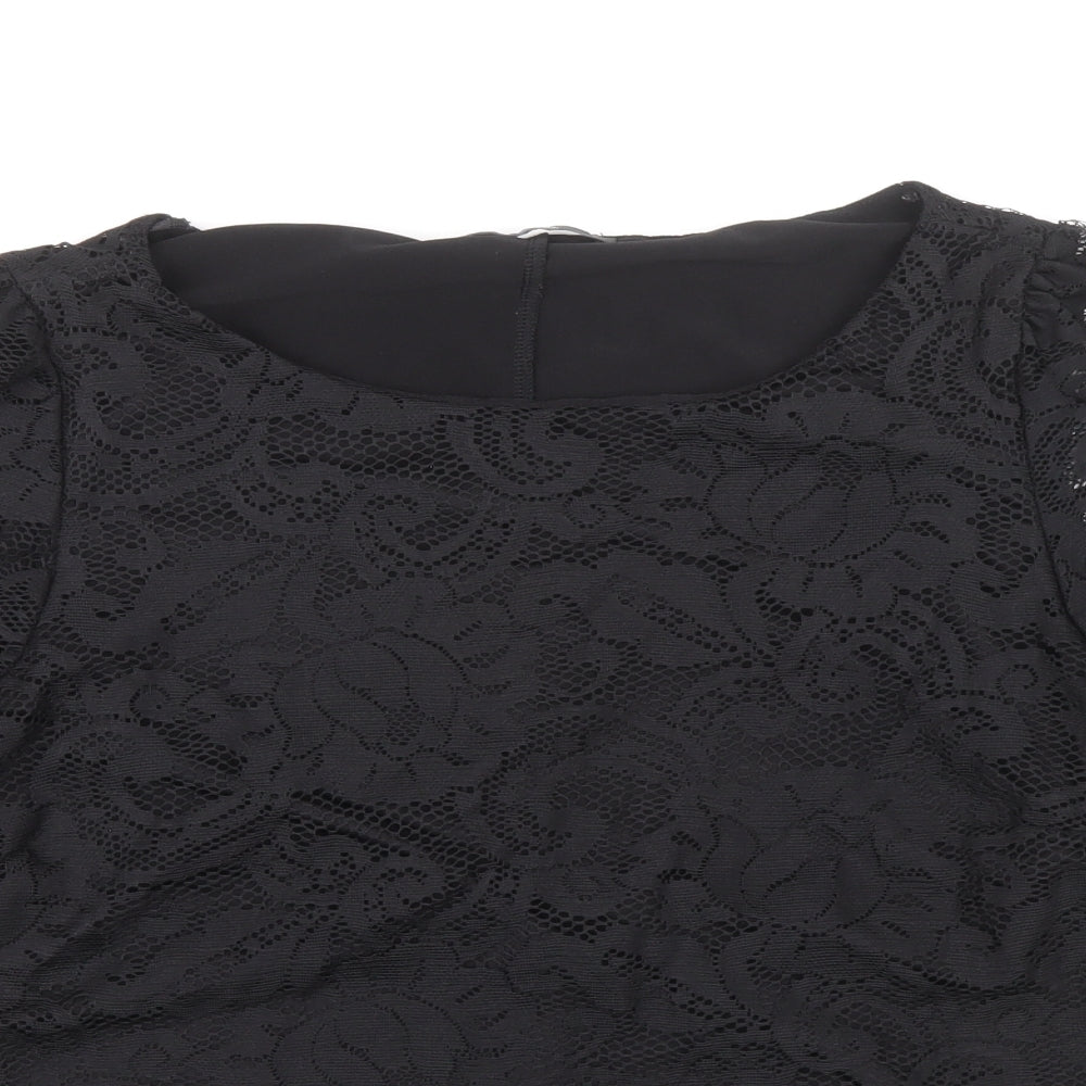 George Womens Black Floral Polyester Basic Blouse Size 12 Round Neck