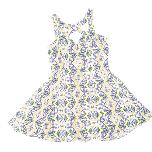 Missguided Womens Multicoloured Geometric Polyester Skater Dress Size 10 V-Neck Zip