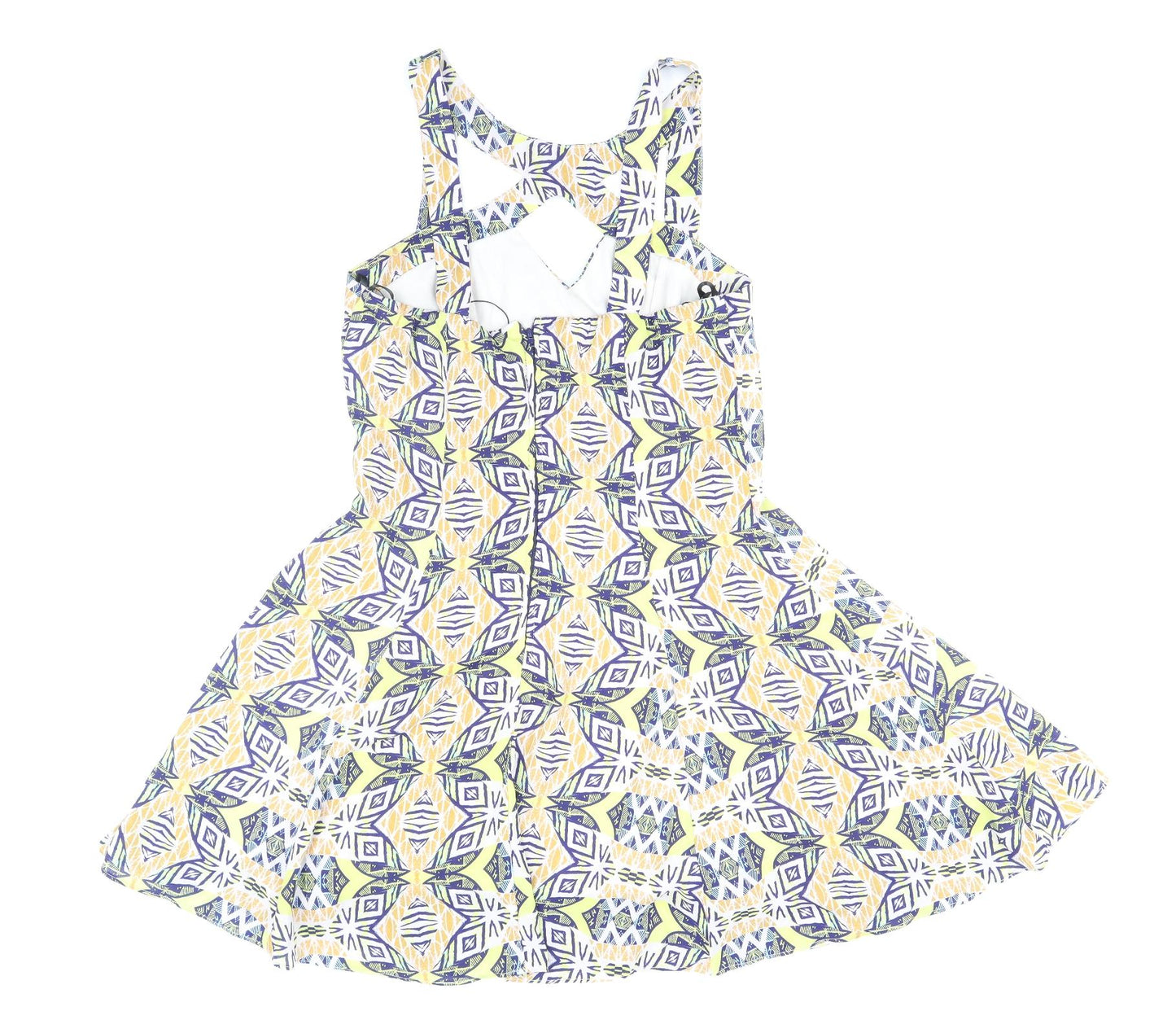 Missguided Womens Multicoloured Geometric Polyester Skater Dress Size 10 V-Neck Zip