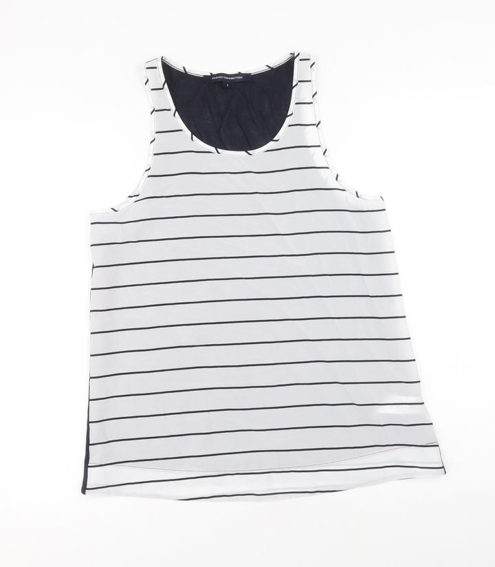 French Connection Womens White Striped Polyester Basic Tank Size S Round Neck