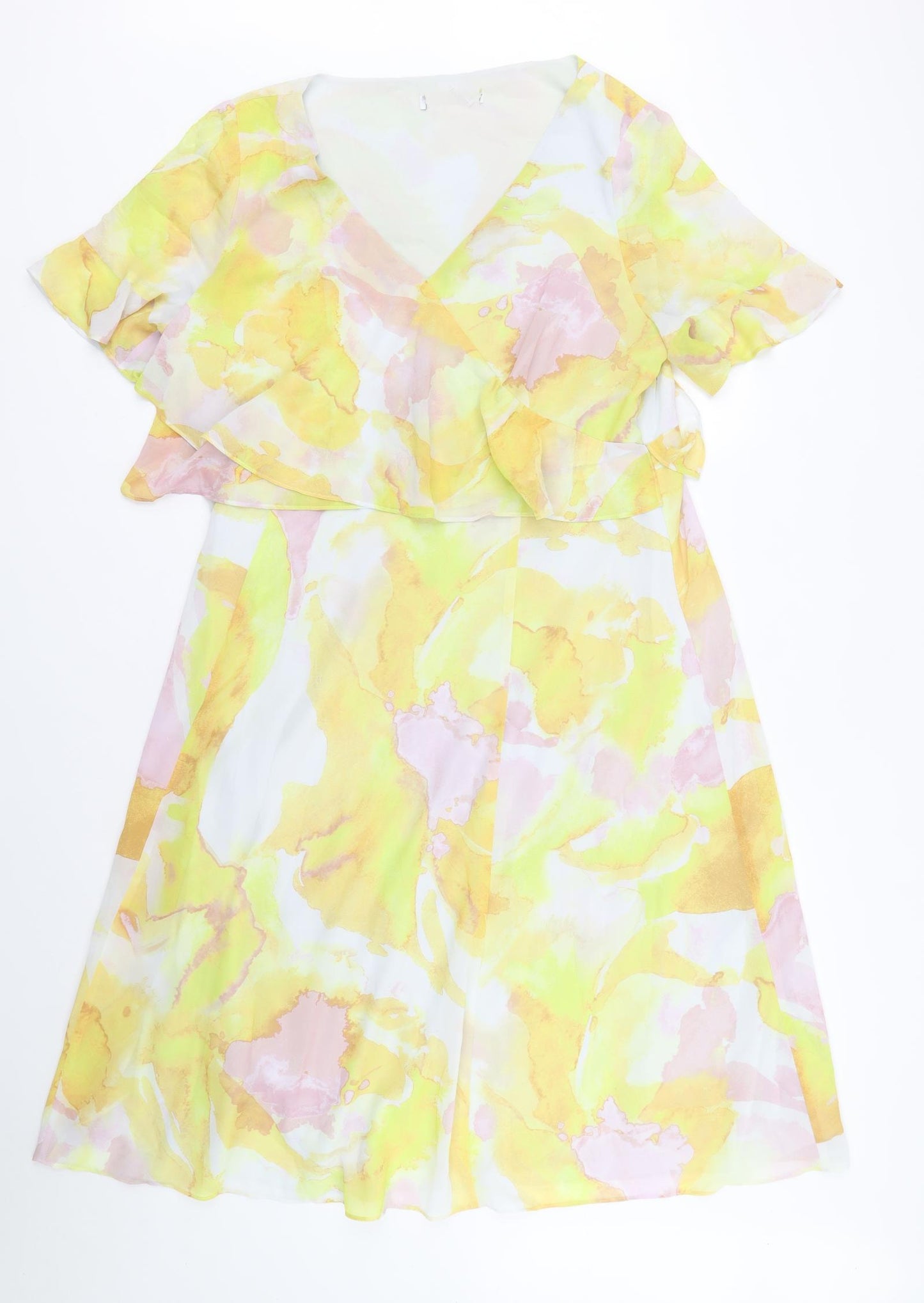 Preworn Womens Yellow Geometric Polyester Fit & Flare Size 16 V-Neck Zip