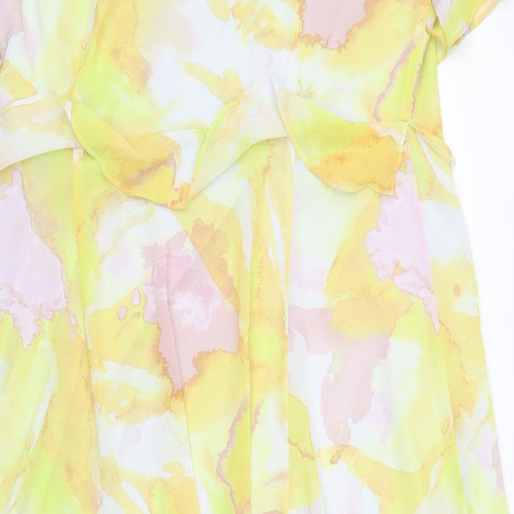 Preworn Womens Yellow Geometric Polyester Fit & Flare Size 16 V-Neck Zip