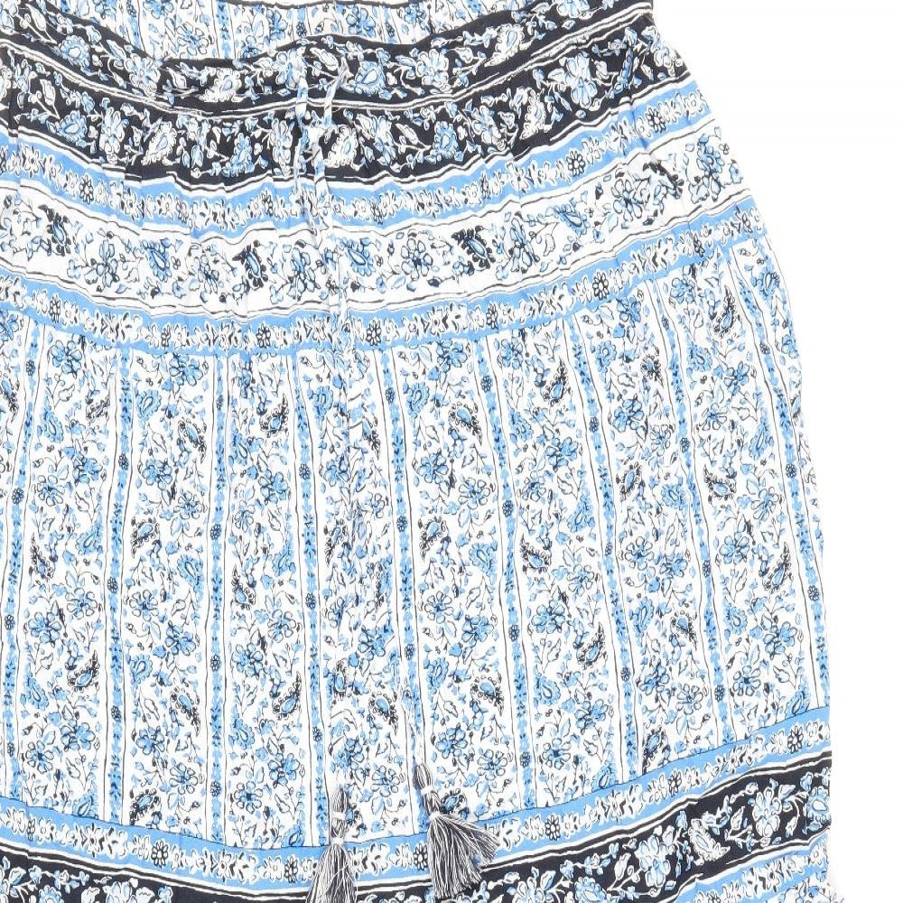 Marks and Spencer Womens Blue Geometric Cotton Peasant Skirt Size 16 Drawstring