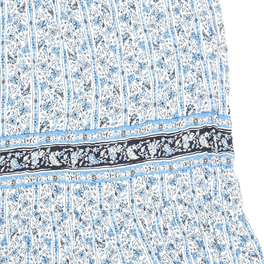 Marks and Spencer Womens Blue Geometric Cotton Peasant Skirt Size 16 Drawstring