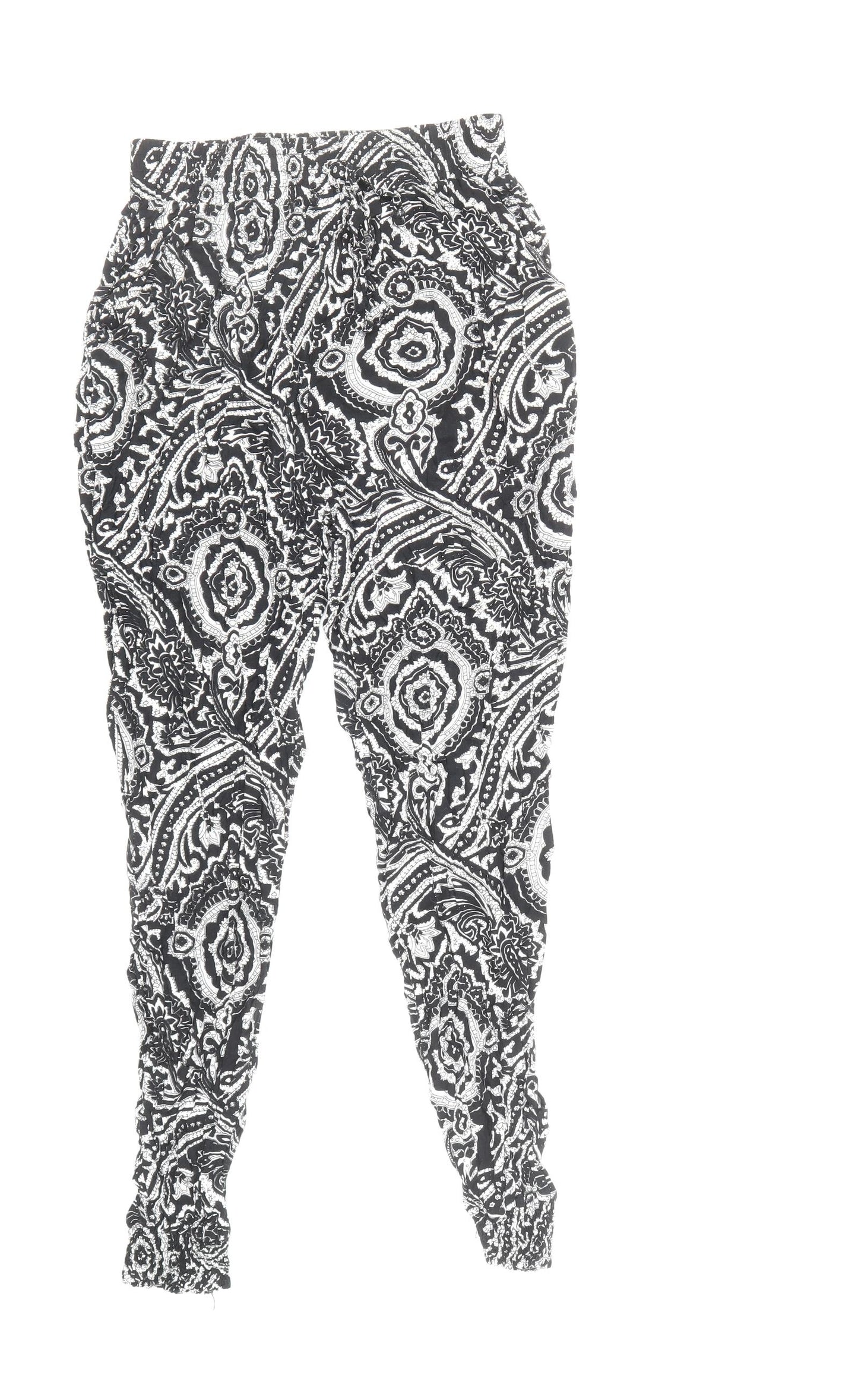 Quiz Womens Black Geometric Viscose Trousers Size S Regular Drawstring