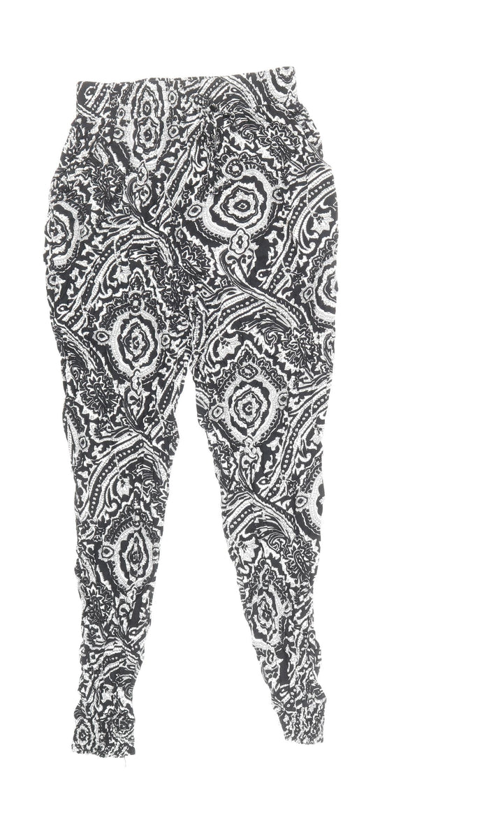 Quiz Womens Black Geometric Viscose Trousers Size S Regular Drawstring
