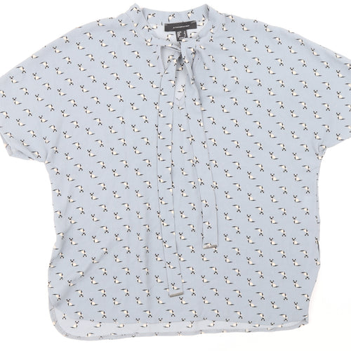 Primark Womens Blue Geometric Polyester Basic Blouse Size 8 Mock Neck - Cat Pattern