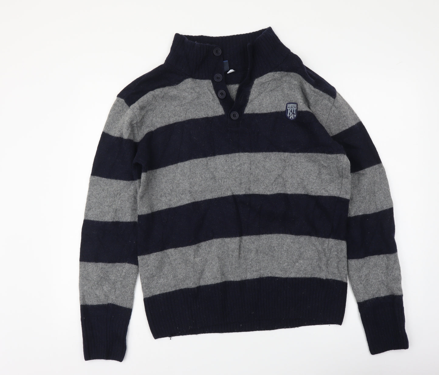 West Bromwich Albion F.C. Mens Blue High Neck Striped Wool Henley Jumper Size M - West Bromwich Albion F.C.