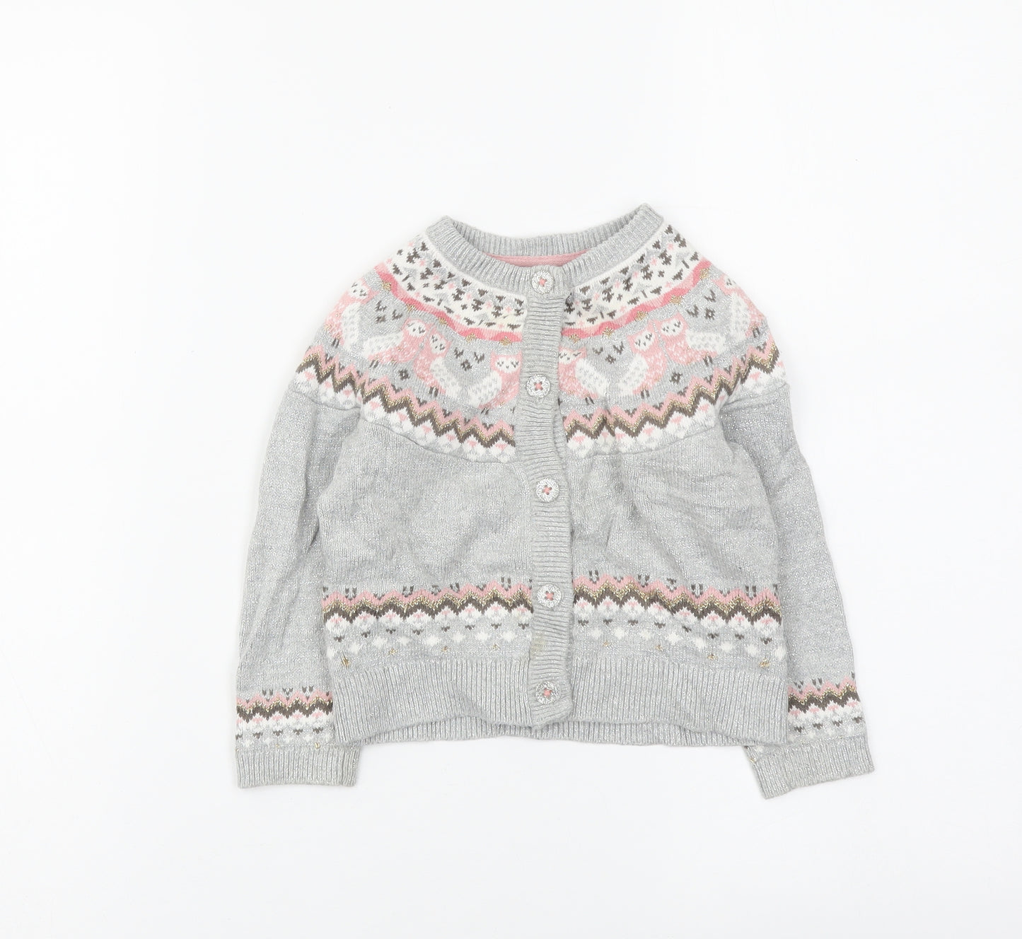 TU Girls Grey Fair Isle Cotton Cardigan Jumper Size 9-12 Months Button