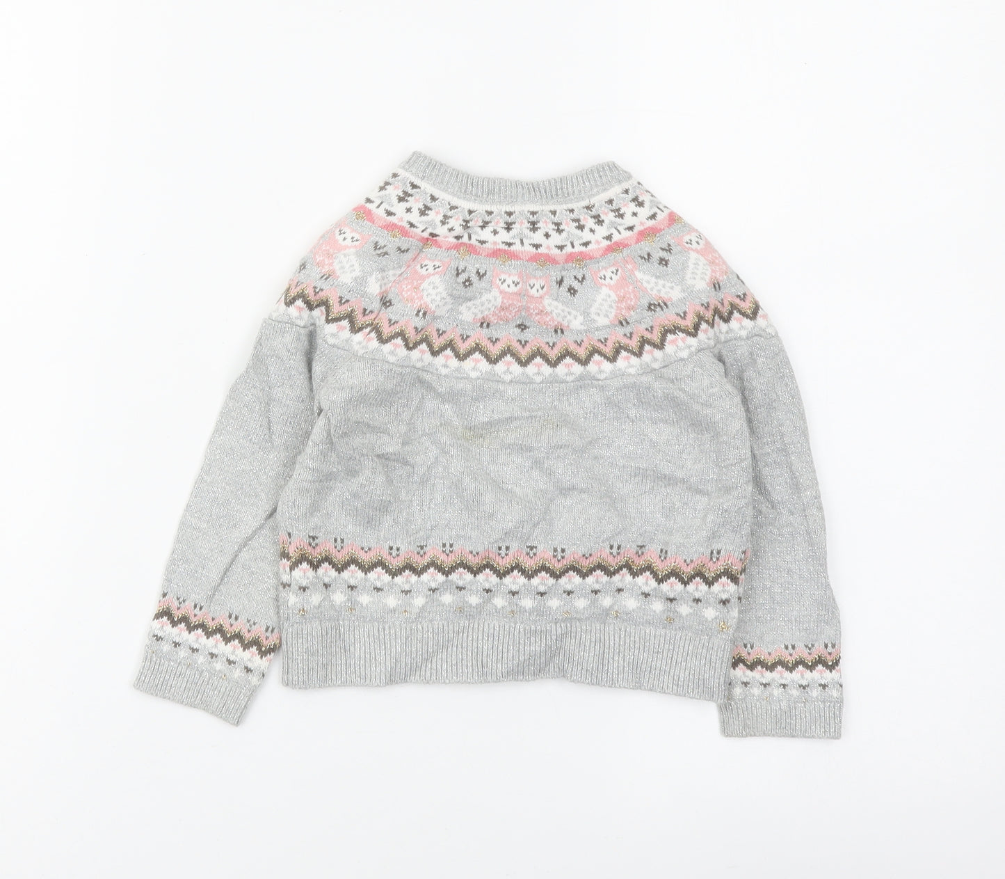 TU Girls Grey Fair Isle Cotton Cardigan Jumper Size 9-12 Months Button