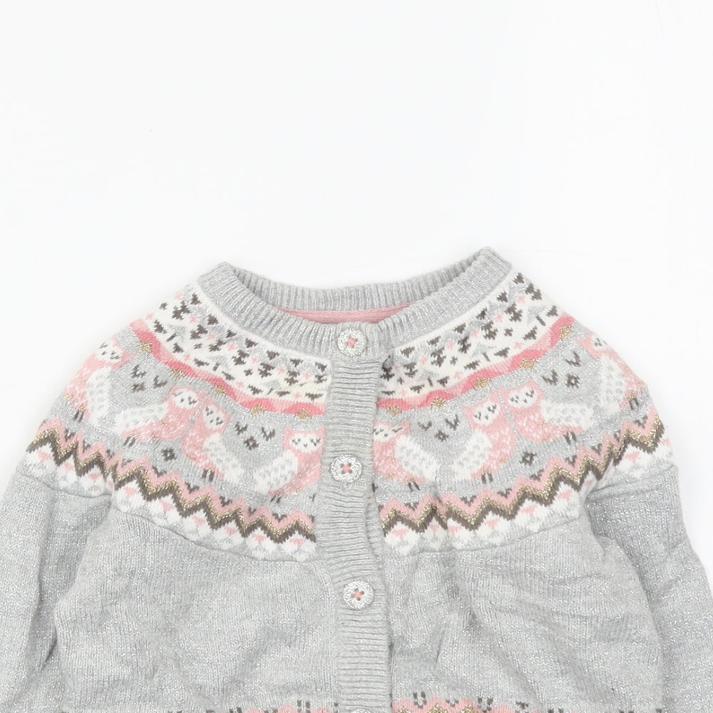 TU Girls Grey Fair Isle Cotton Cardigan Jumper Size 9-12 Months Button