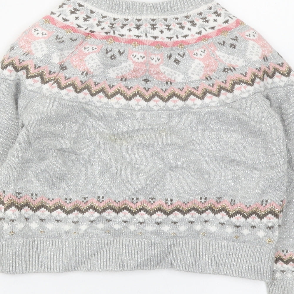 TU Girls Grey Fair Isle Cotton Cardigan Jumper Size 9-12 Months Button