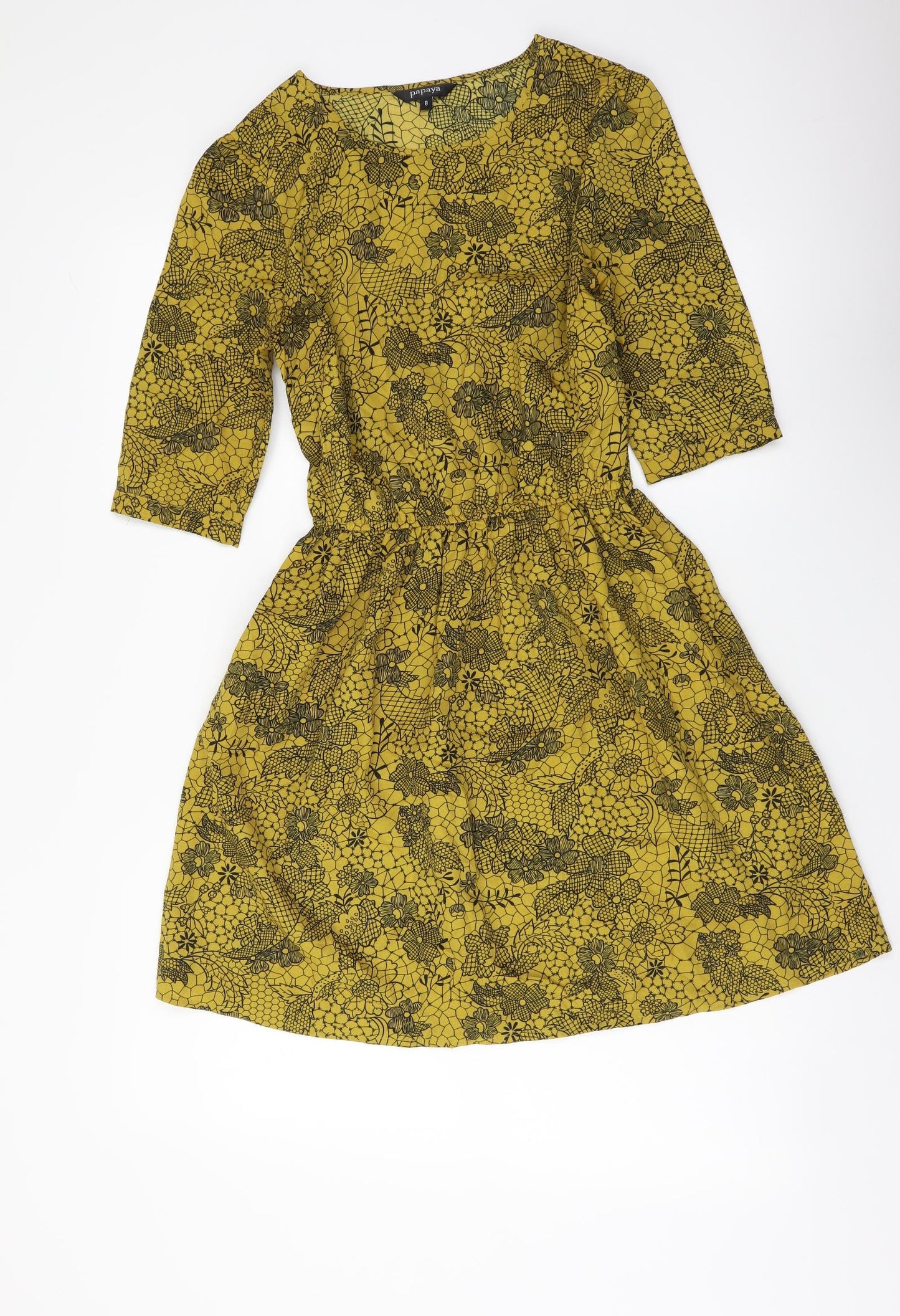 Papaya Womens Yellow Floral Polyester Fit & Flare Size 8 Boat Neck Pullover