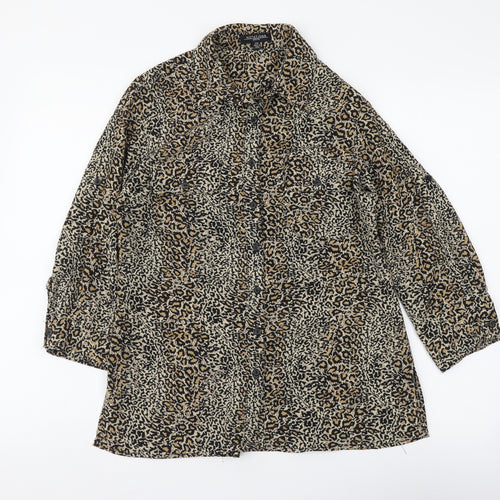 Notations Womens Brown Animal Print Polyester Basic Button-Up Size S Collared - Leopard Pattern