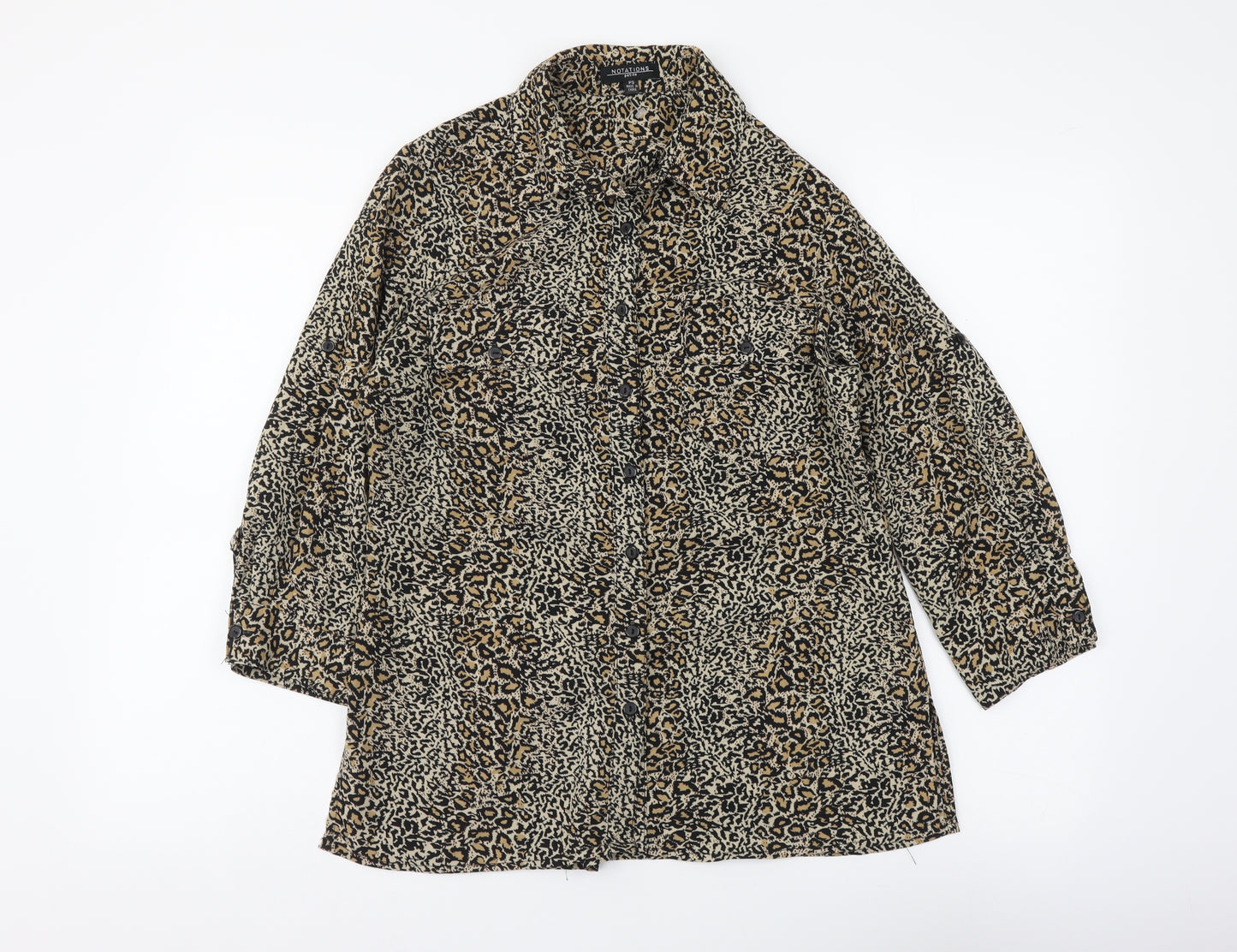 Notations Womens Brown Animal Print Polyester Basic Button-Up Size S Collared - Leopard Pattern