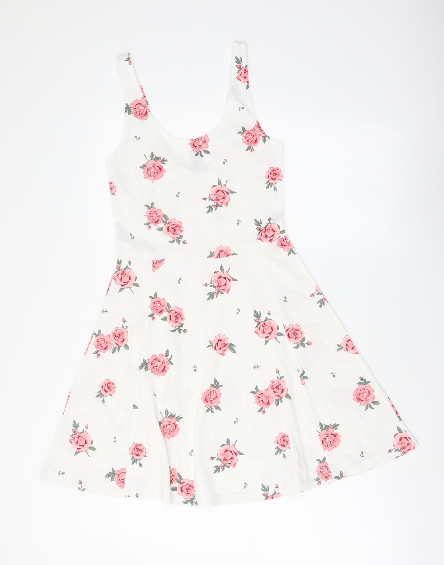 H&M Womens White Floral Polyester Skater Dress Size S Scoop Neck Pullover