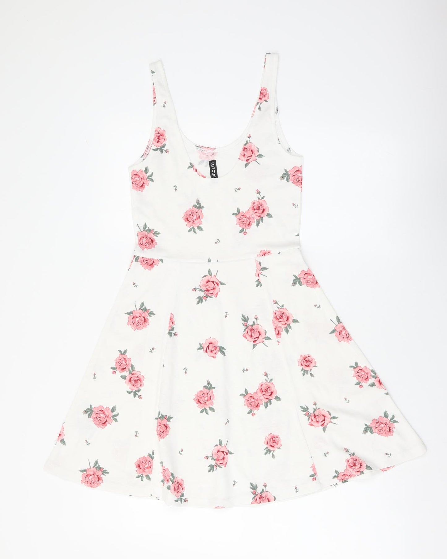 H&M Womens White Floral Polyester Skater Dress Size S Scoop Neck Pullover