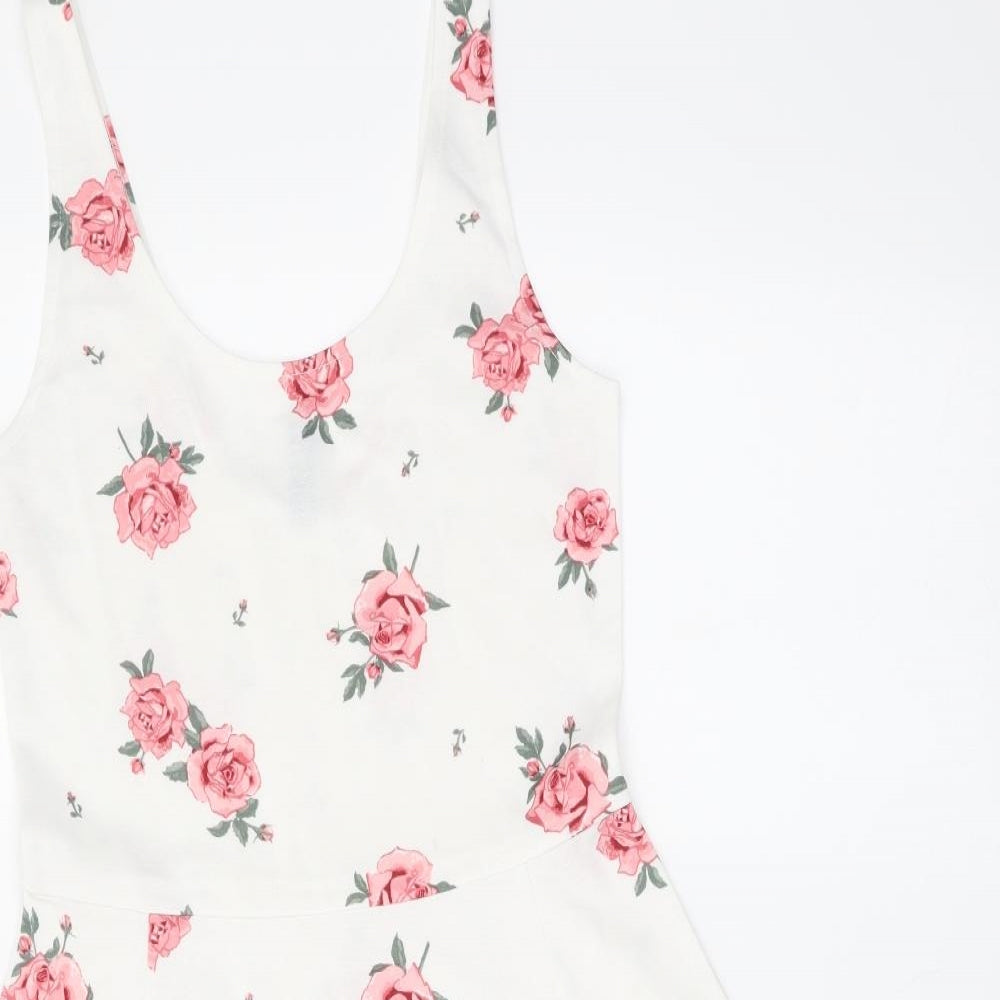 H&M Womens White Floral Polyester Skater Dress Size S Scoop Neck Pullover
