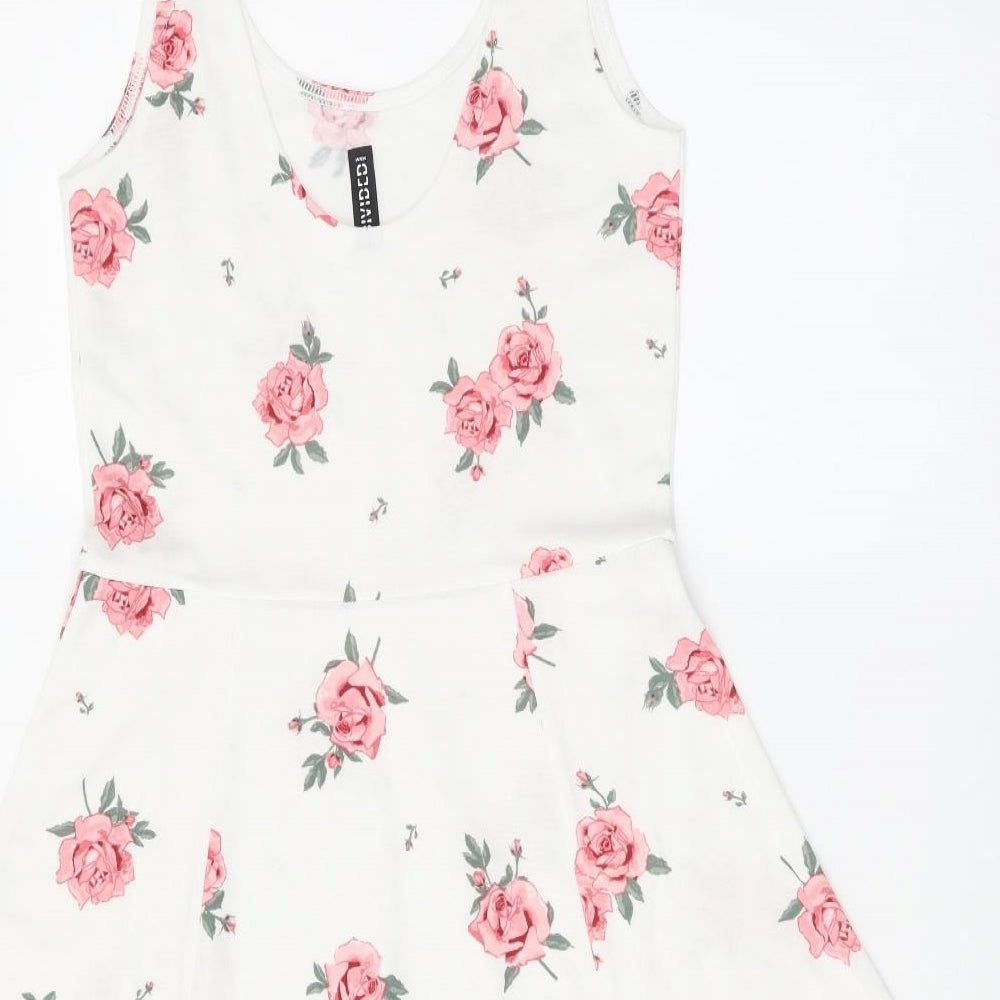 H&M Womens White Floral Polyester Skater Dress Size S Scoop Neck Pullover