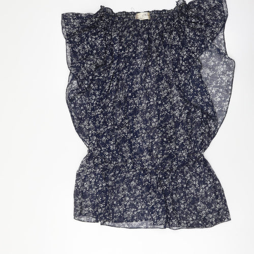 Mizumi Womens Blue Floral Polyester Basic Blouse Size M Round Neck
