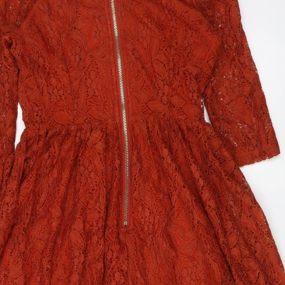 Red Chilli Womens Red Polyester Skater Dress Size 8 Boat Neck Zip