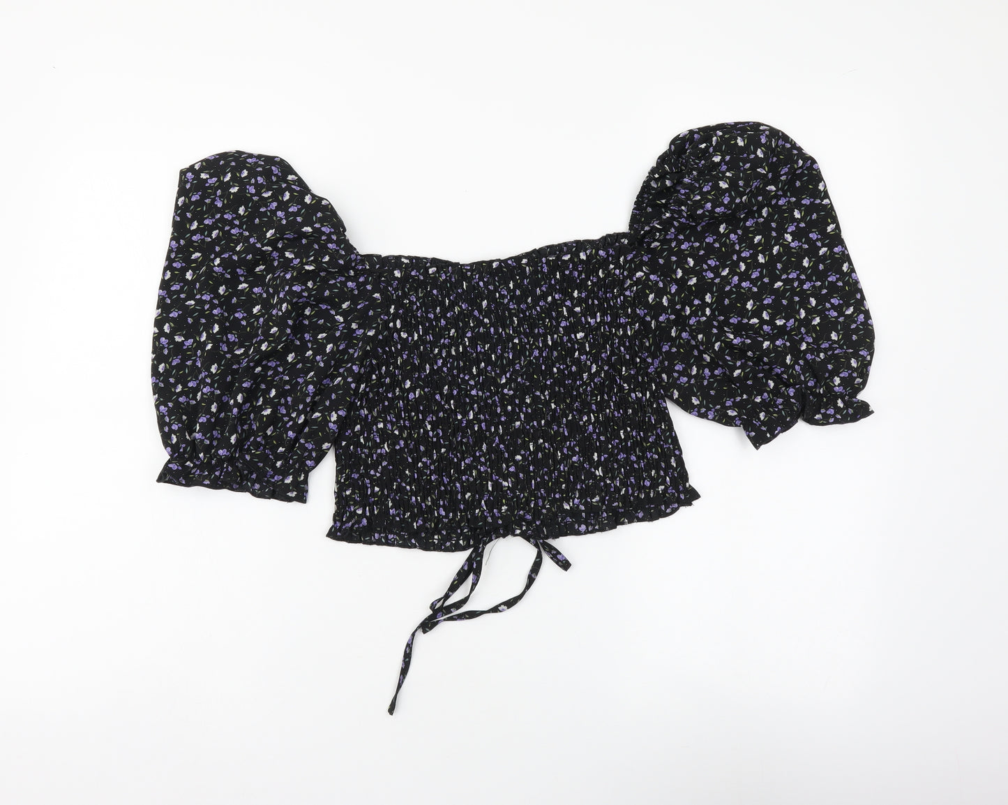 Urban Womens Black Floral Polyester Cropped Blouse Size 12 Square Neck