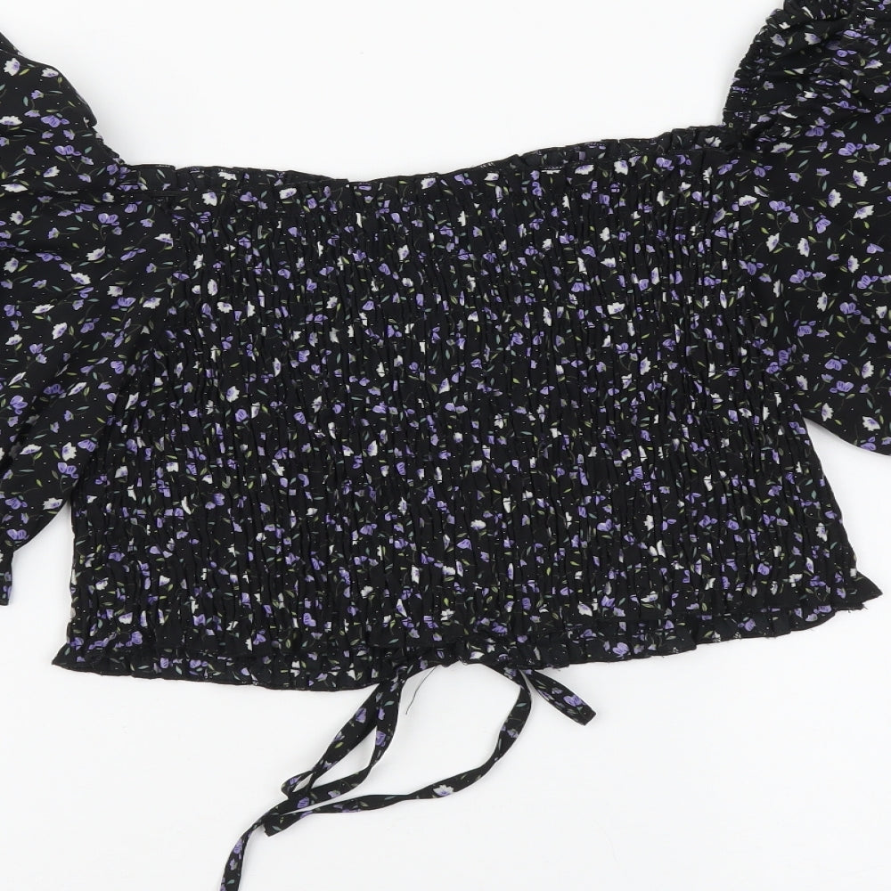 Urban Womens Black Floral Polyester Cropped Blouse Size 12 Square Neck