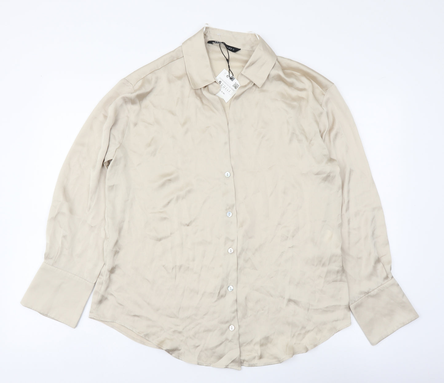 Zara Womens Beige Polyester Basic Button-Up Size S Collared