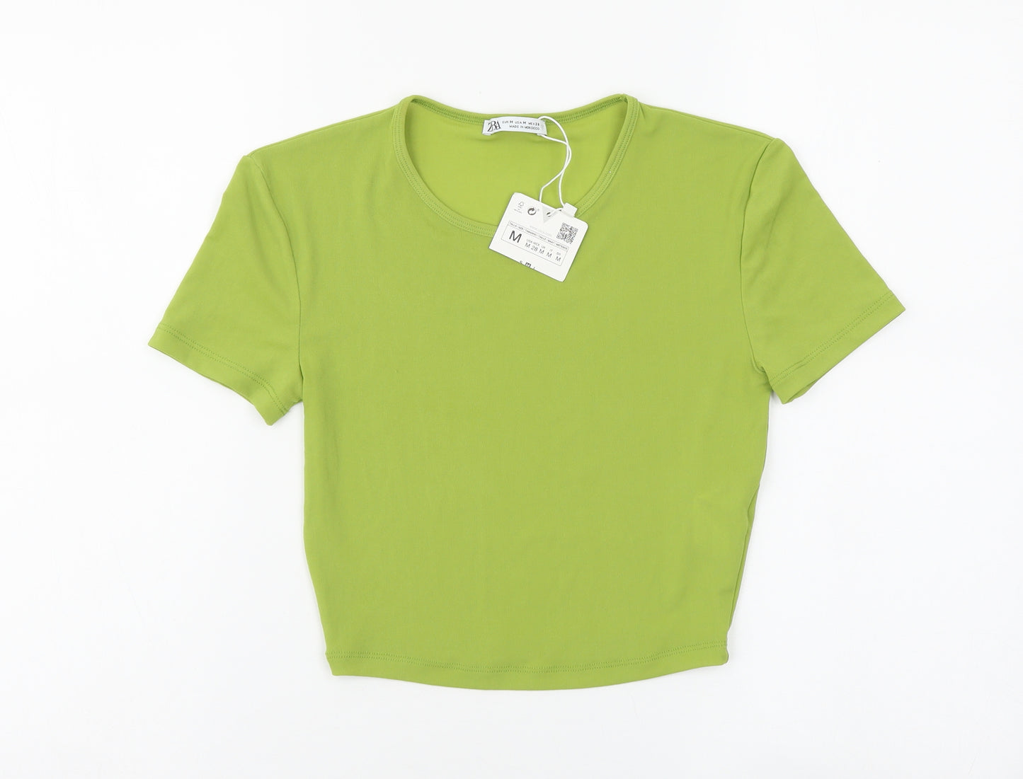 Zara Womens Green Polyester Basic T-Shirt Size M Round Neck
