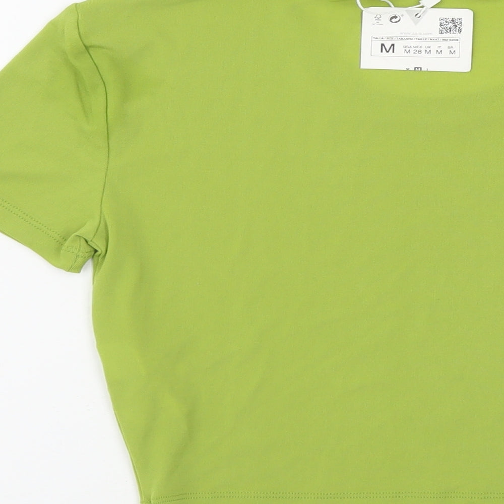 Zara Womens Green Polyester Basic T-Shirt Size M Round Neck