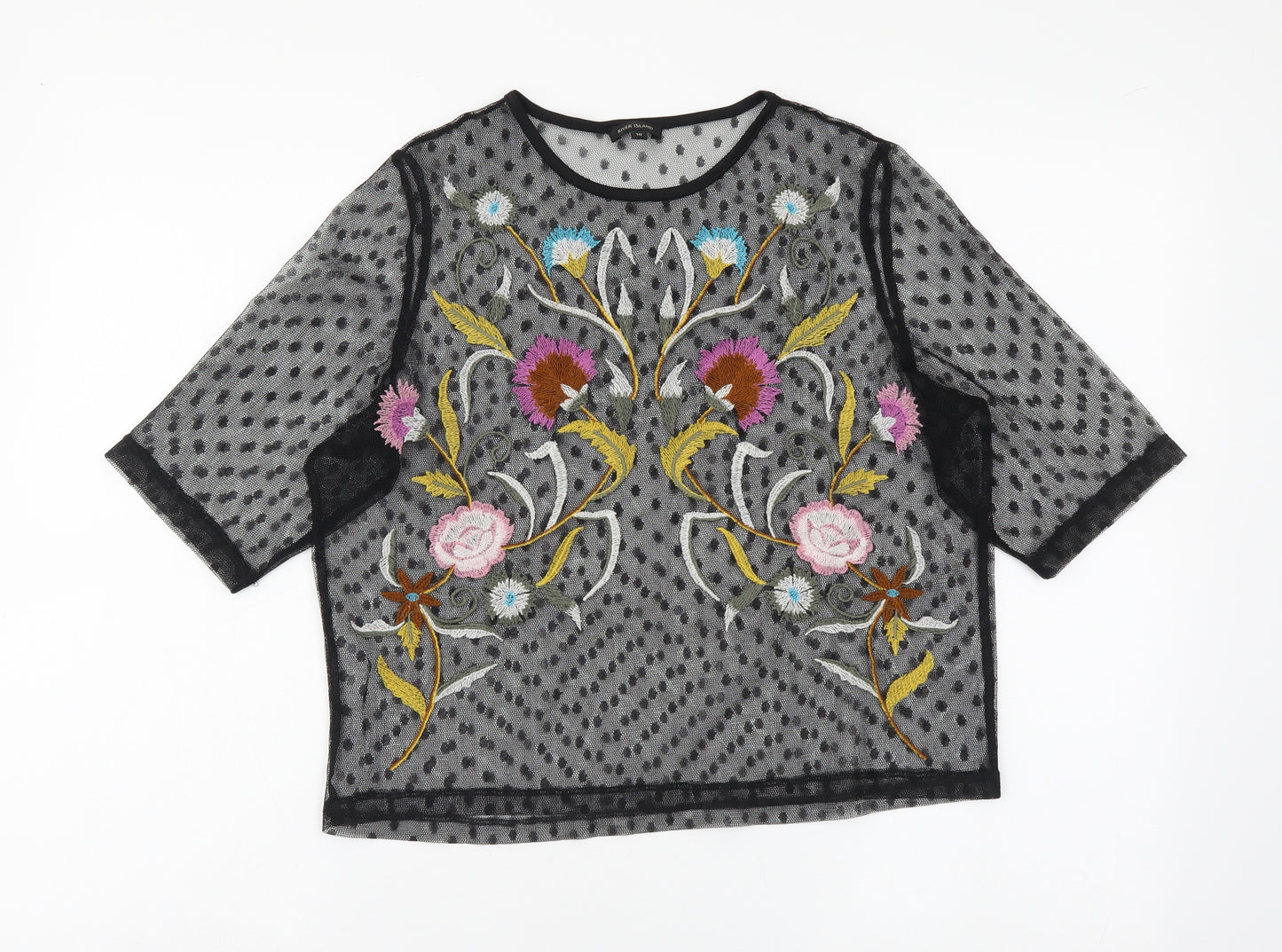 River Island Womens Black Polka Dot Polyester Basic T-Shirt Size 10 Round Neck - Flower Detail
