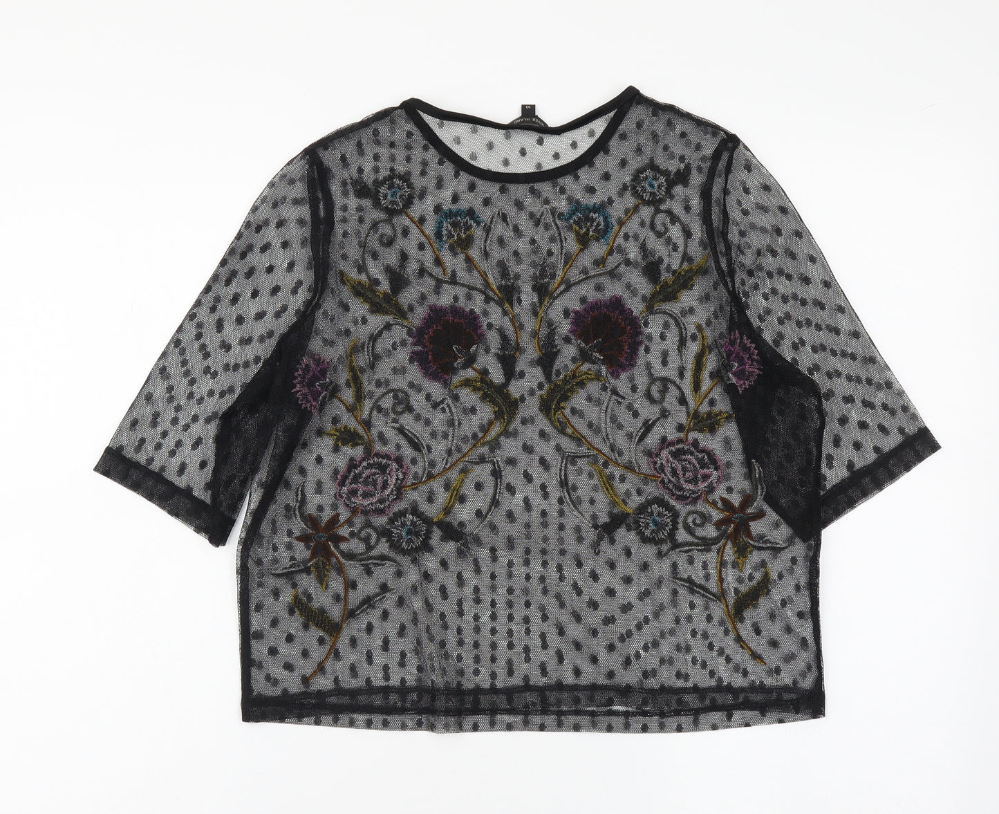 River Island Womens Black Polka Dot Polyester Basic T-Shirt Size 10 Round Neck - Flower Detail