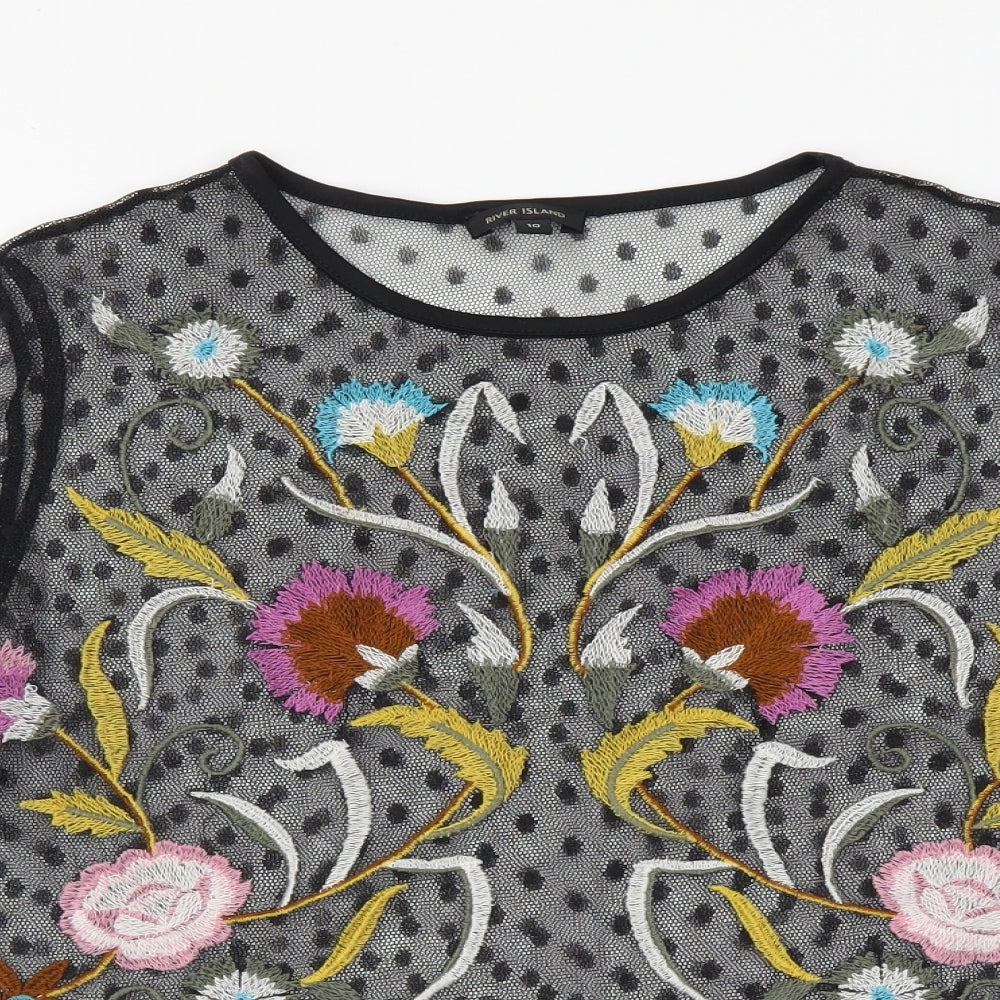 River Island Womens Black Polka Dot Polyester Basic T-Shirt Size 10 Round Neck - Flower Detail