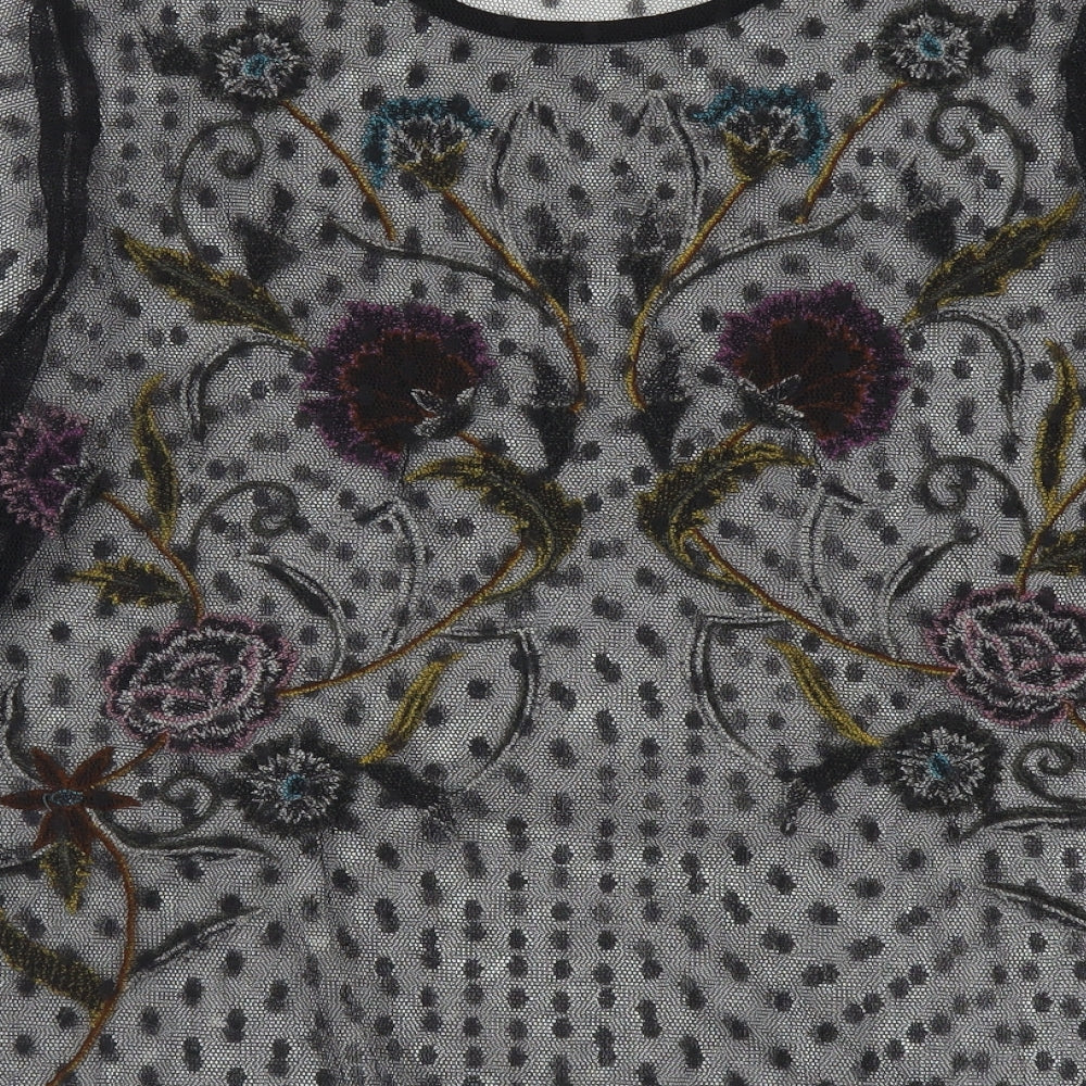 River Island Womens Black Polka Dot Polyester Basic T-Shirt Size 10 Round Neck - Flower Detail