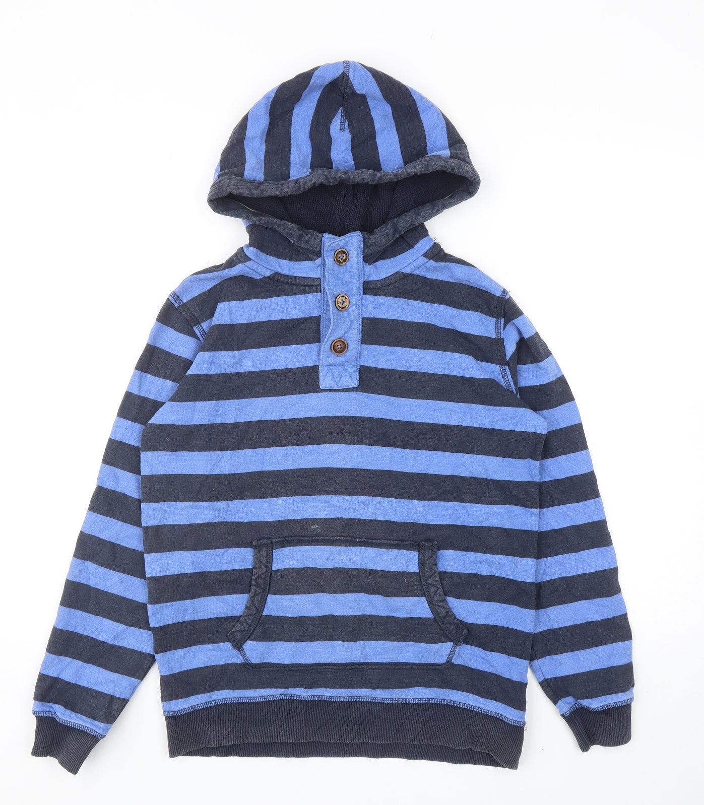 Fat Face Boys Blue Striped Cotton Pullover Hoodie Size 12-13 Years Button