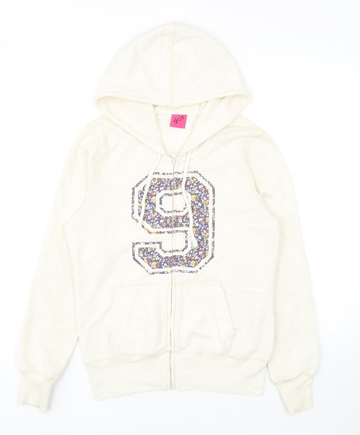 George Womens Ivory Cotton Full Zip Hoodie Size 10 Zip - Flower Detail
