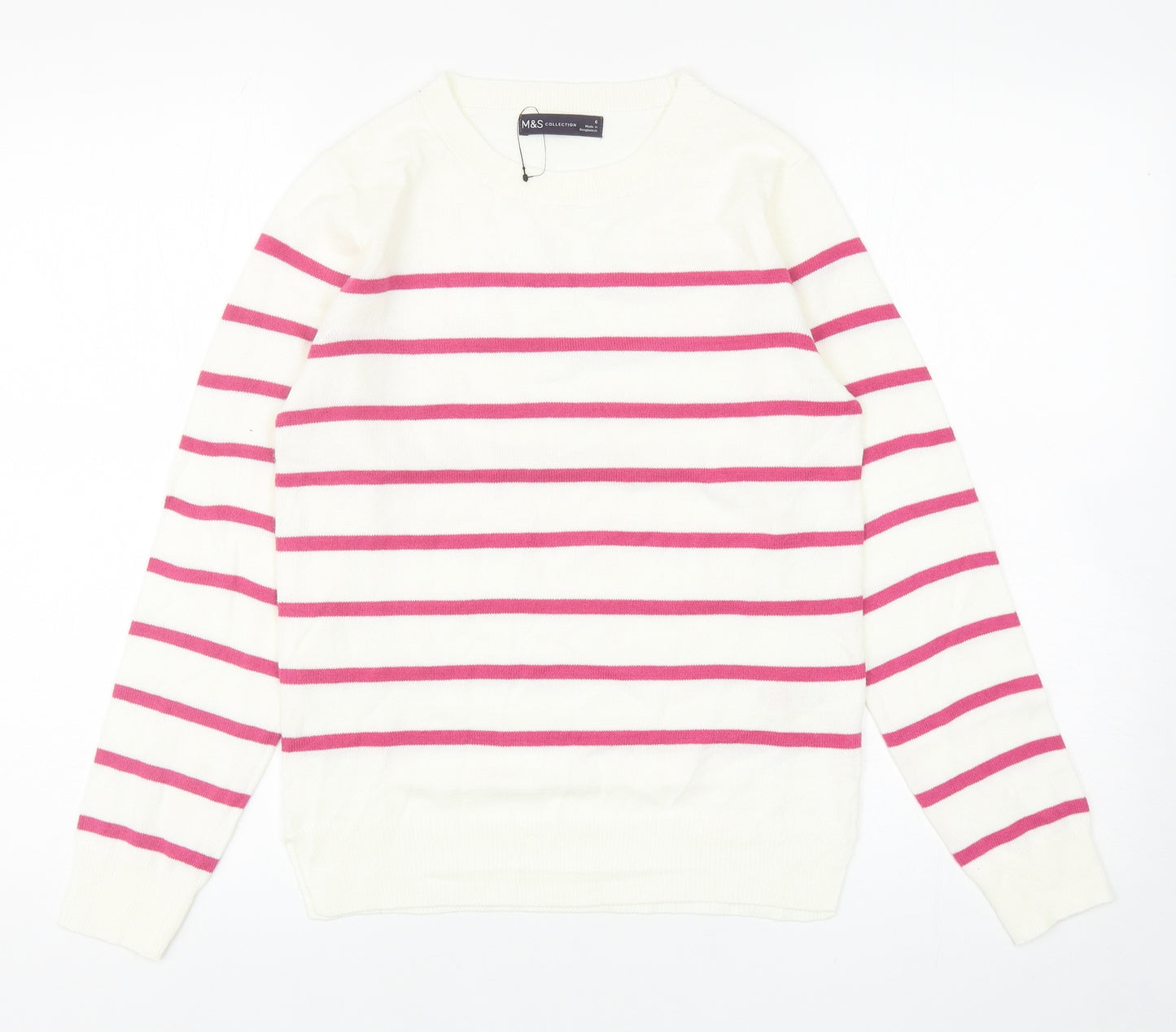 Marks and Spencer Womens Ivory Round Neck Striped Acrylic Pullover Jumper Size 6