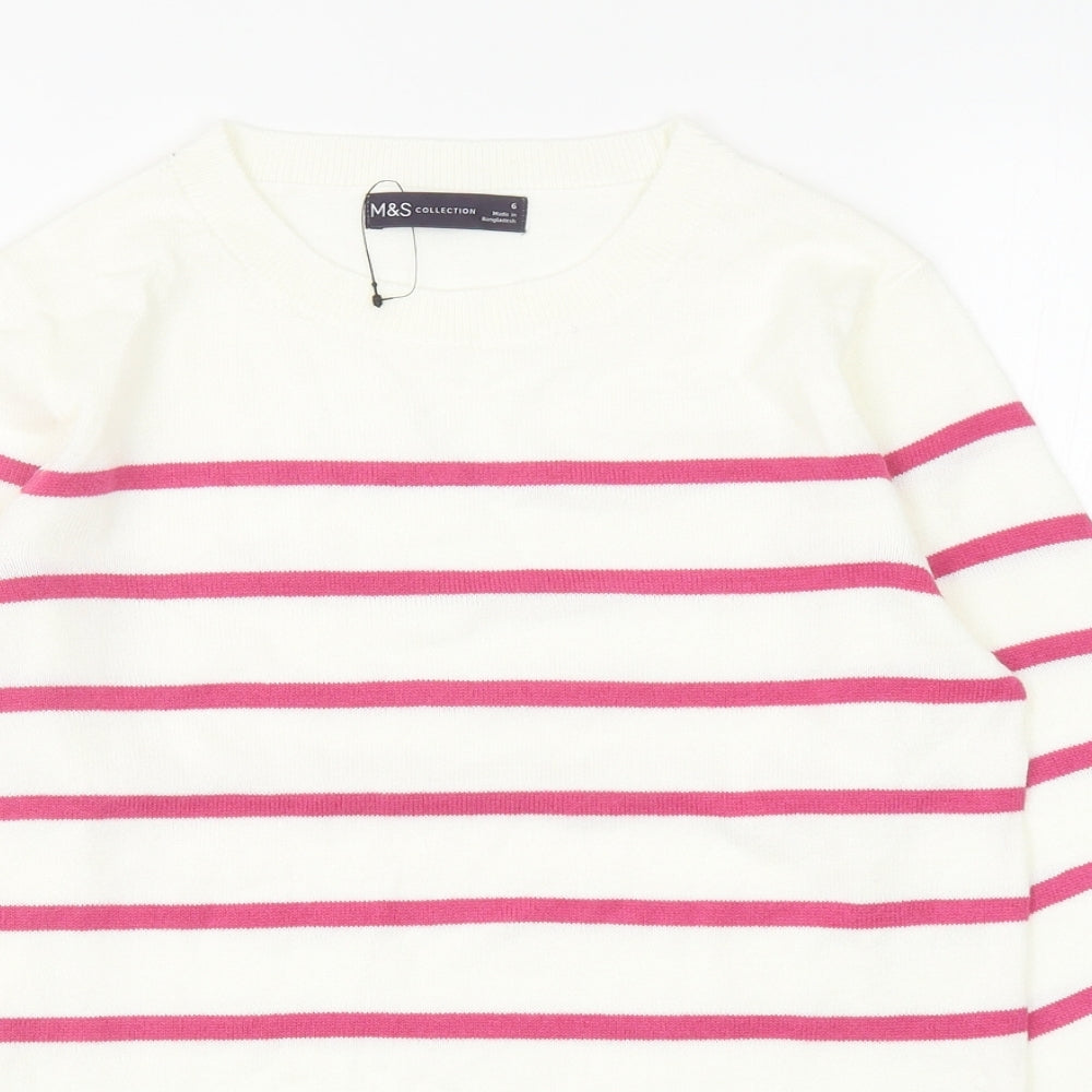Marks and Spencer Womens Ivory Round Neck Striped Acrylic Pullover Jumper Size 6