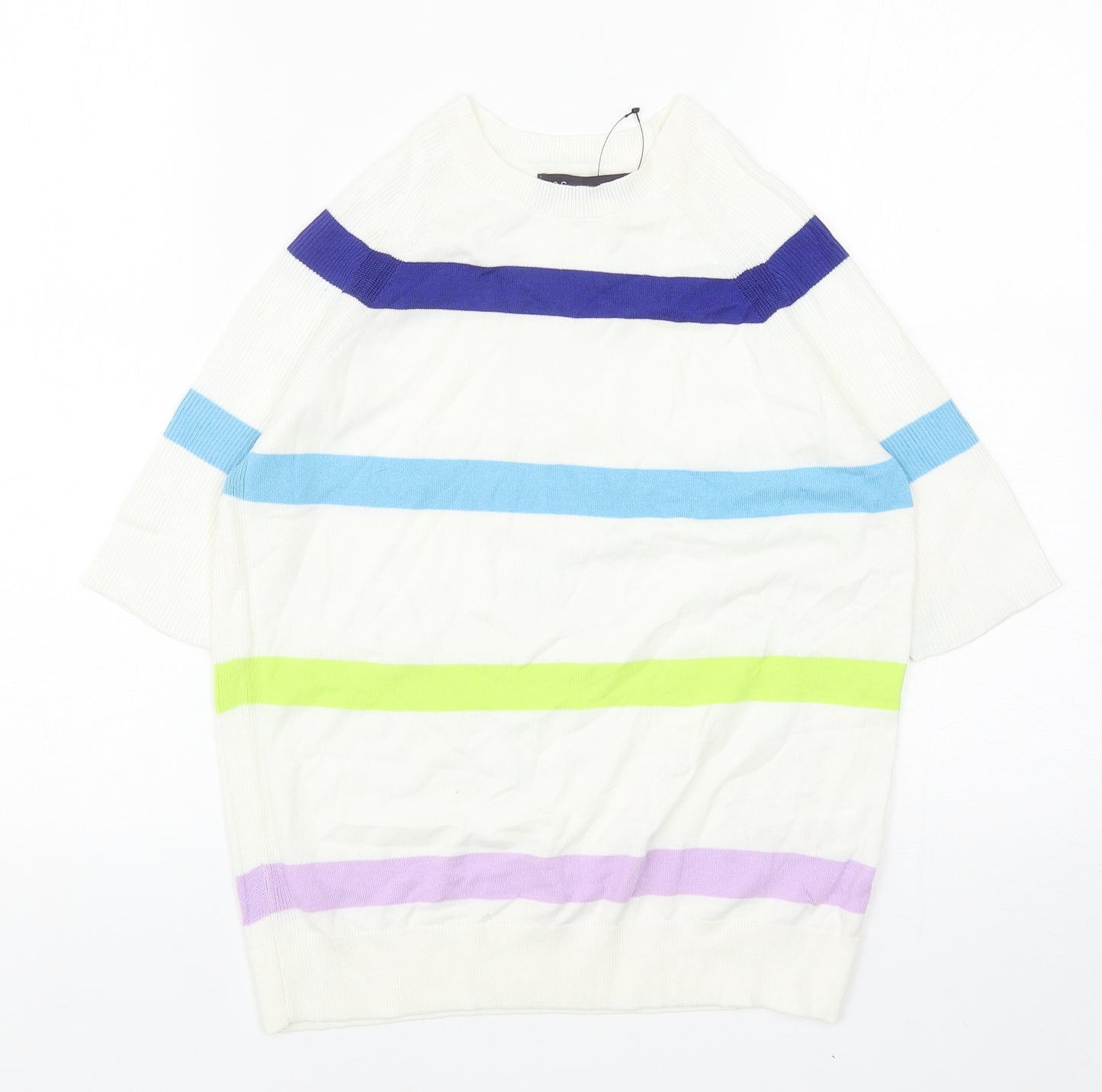 Marks and Spencer Womens White Round Neck Striped Cotton Pullover Jumper Size S