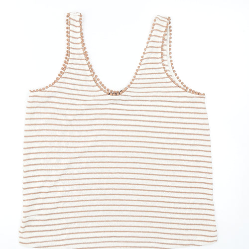 Marks and Spencer Womens Beige Striped Viscose Basic Tank Size 14 Scoop Neck