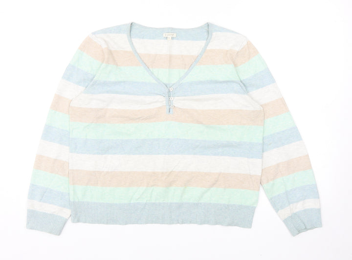 b.young Womens Multicoloured V-Neck Striped Acrylic Pullover Jumper Size XL