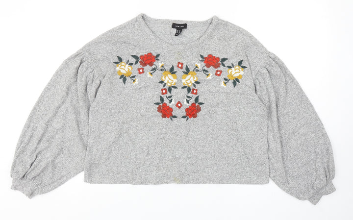 New Look Womens Grey Round Neck Polyester Pullover Jumper Size M - Flower Detail
